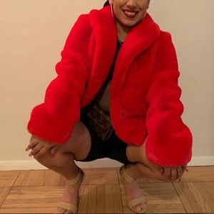 Red faux fur coat